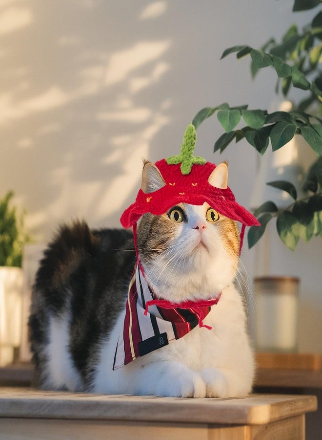 Clofiak Strawberry Cat Hats for Cats Only, Cute Cotton Knitted Clothes for Birthday Party, Christmas Puppy Hat for Small Pets - Image 5